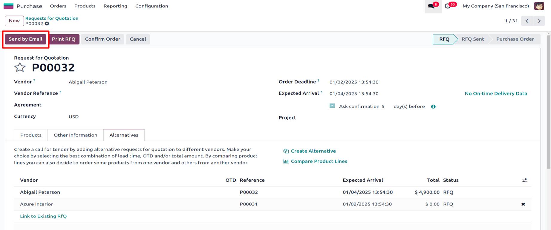 Send RFQ by email to vendor in Odoo