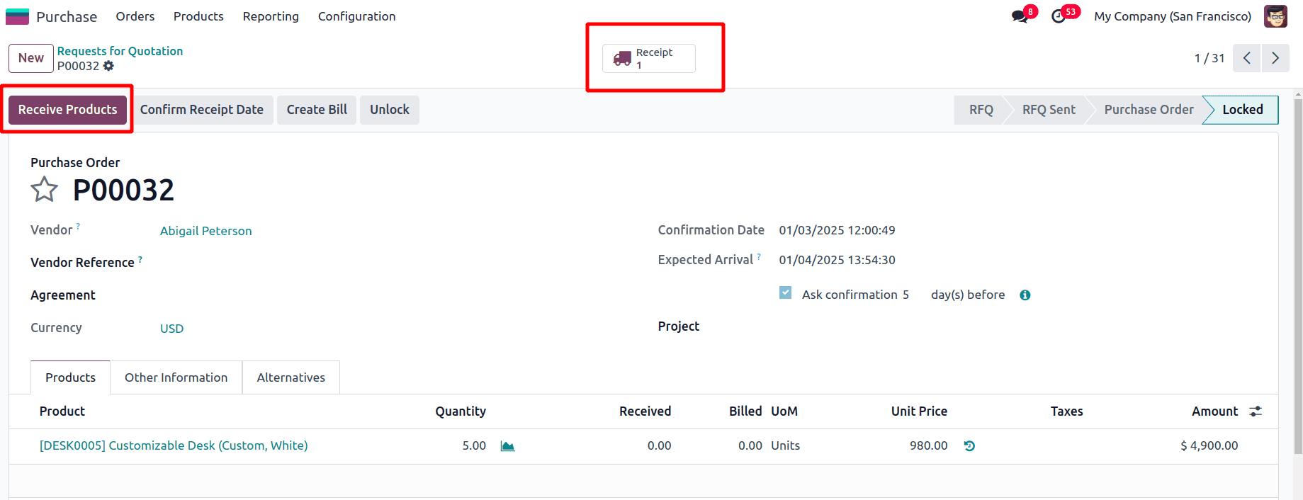 Receipt smart tab on confirmed purchase order in Odoo