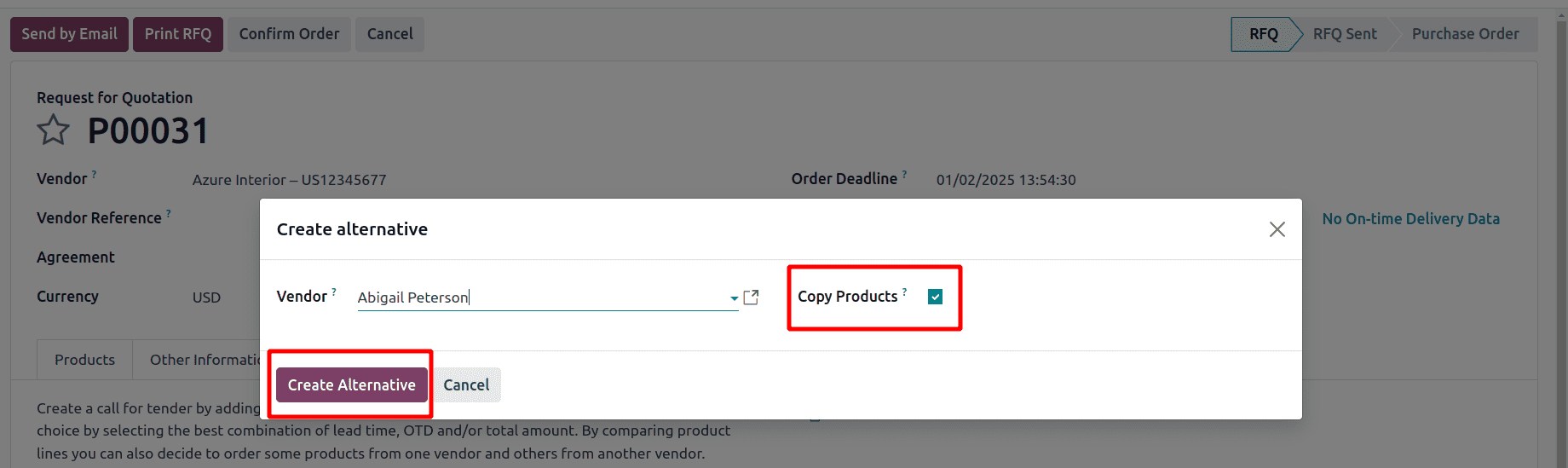 Copy product option in purchase order in Odoo purchase