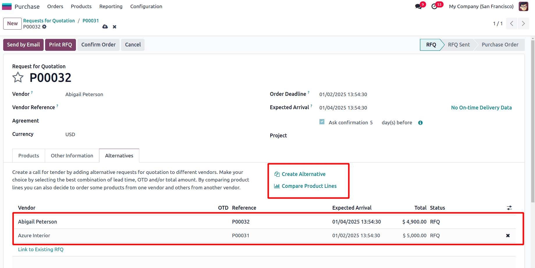 Comparing RFQs in Odoo 18