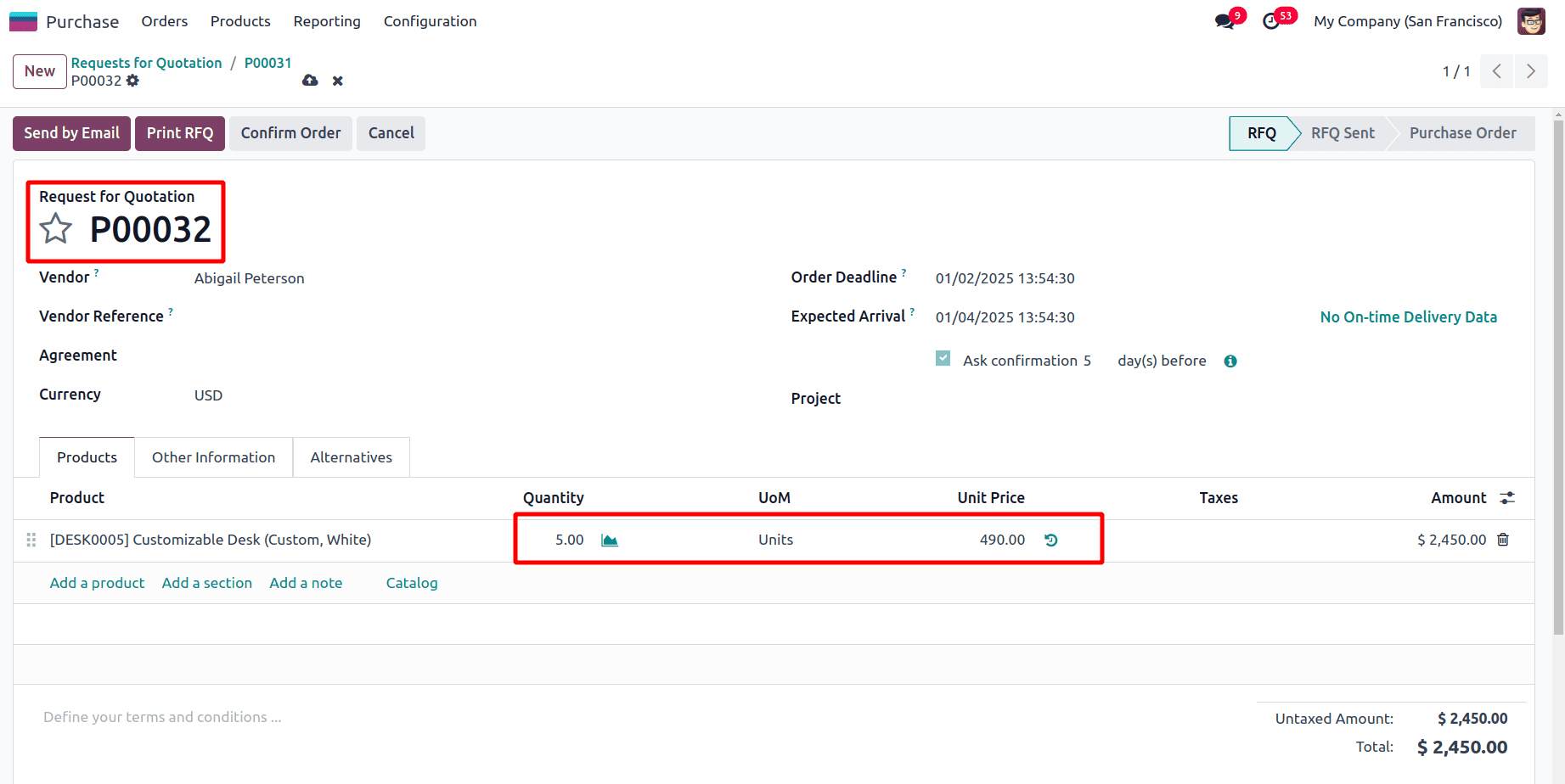 Click Create Alternative button to generate a new RFQ in Odoo