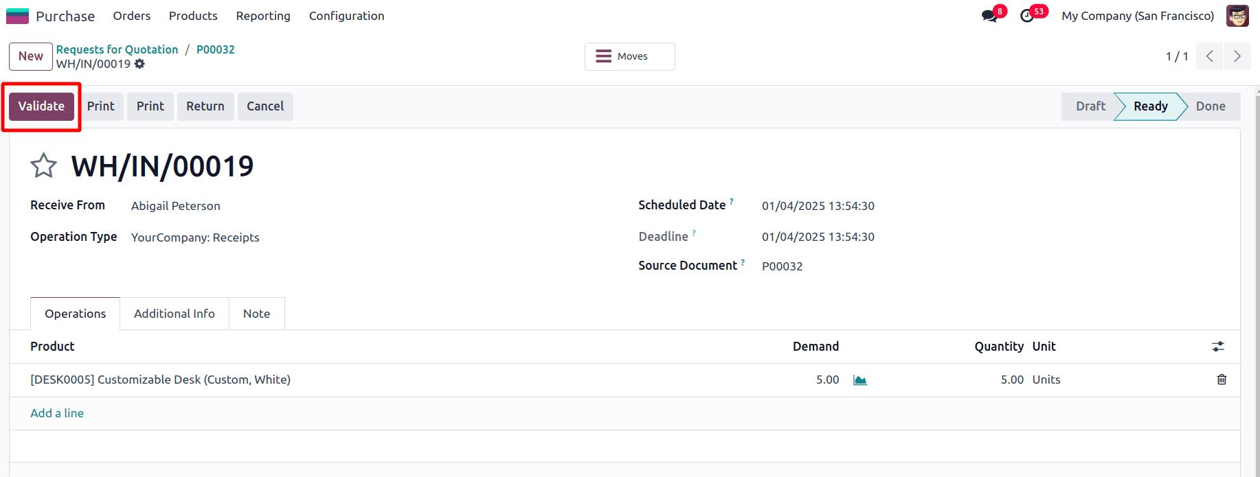 Validate the receipt in Odoo