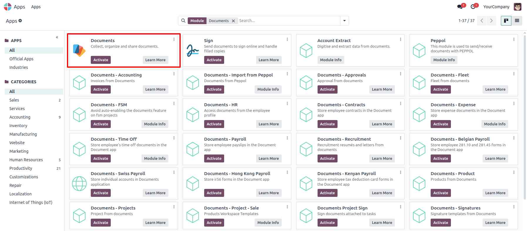 Install Odoo Documents Module