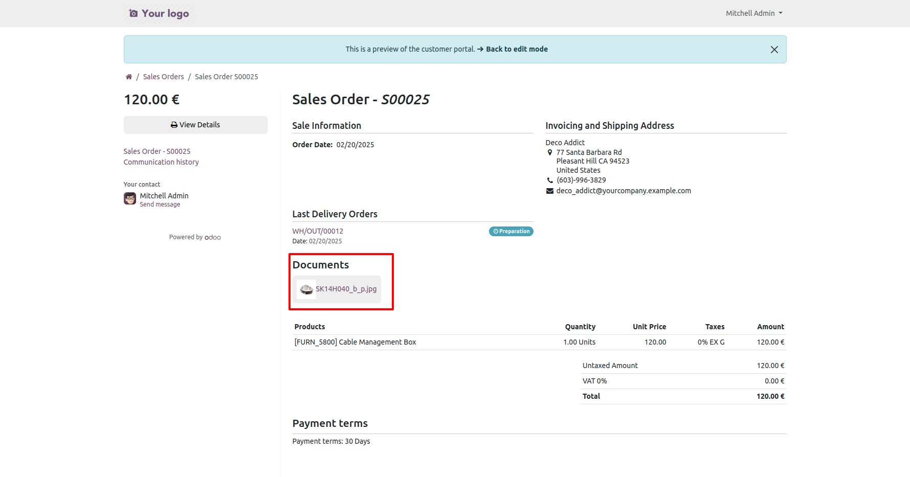 Customer portal quotation or sales order view in Odoo