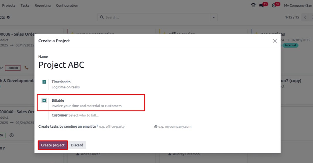 Set up billable project in Odoo project module