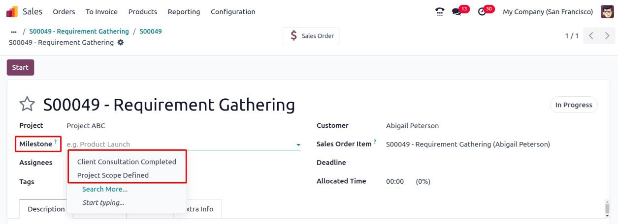 Select project milestone on sales order in Odoo