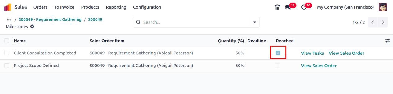 Project milestones completion in Odoo