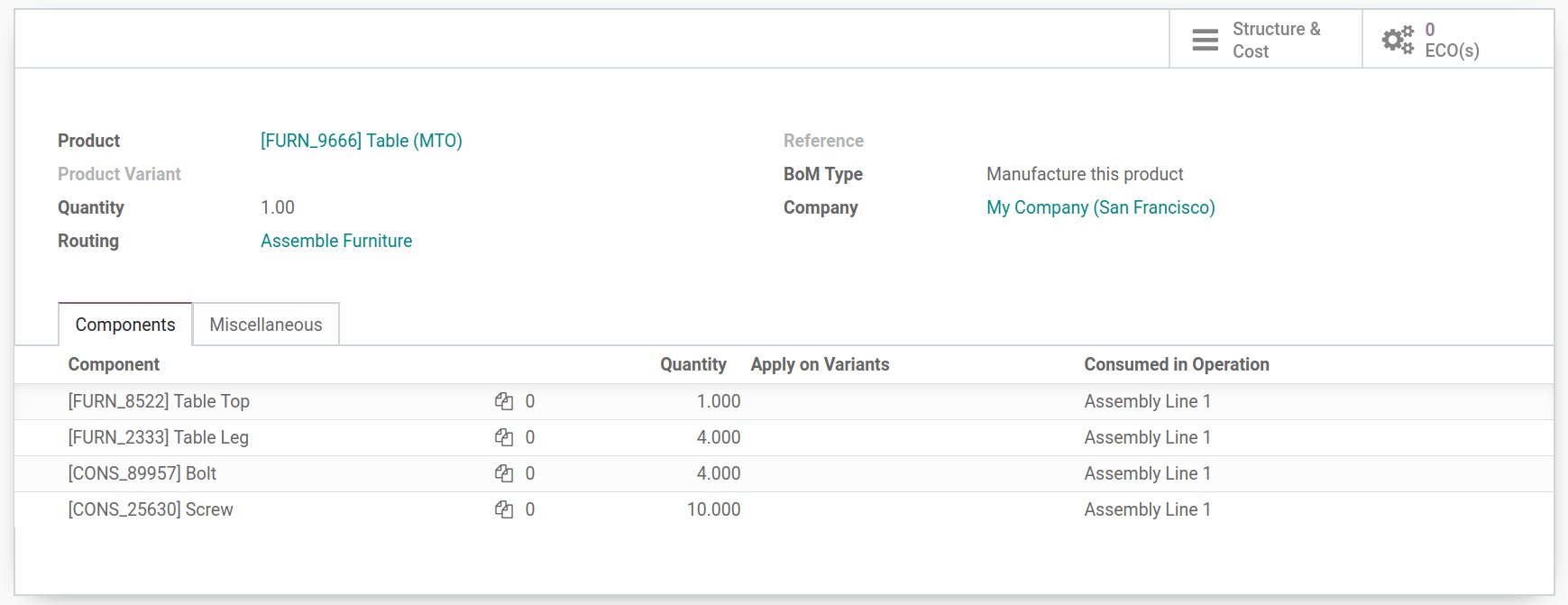 Create bill of materials in Odoo manufacturing