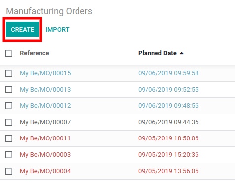 Create manufacturing order in Odoo