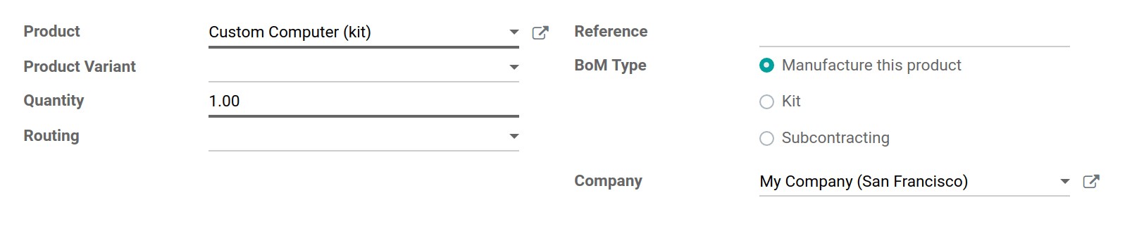 Bill of materials Odoo manufacturing