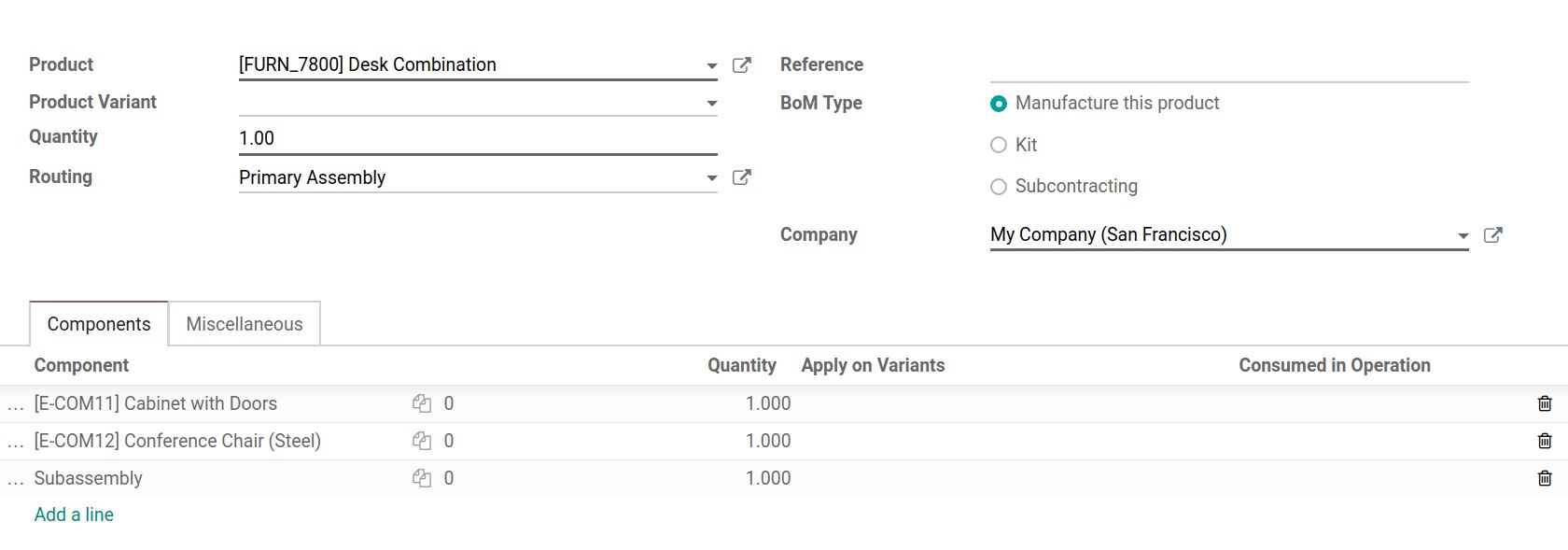 Configure top-level product and its BoM in Odoo