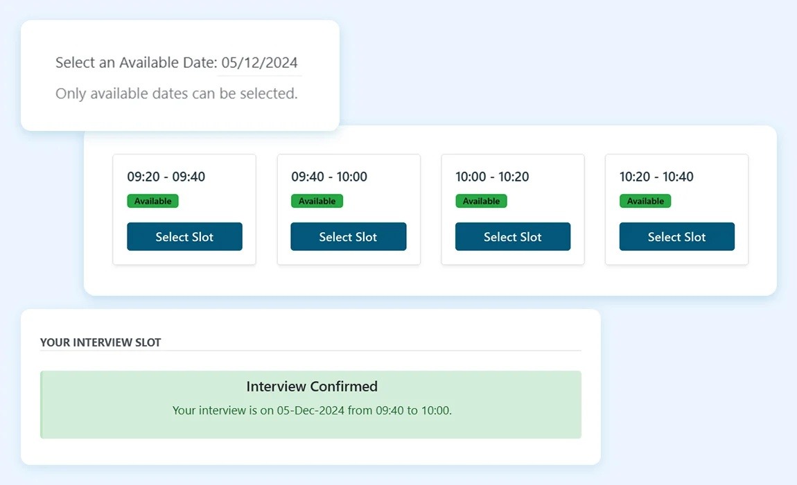 Recruitment software candidate portal for self-scheduling job interview