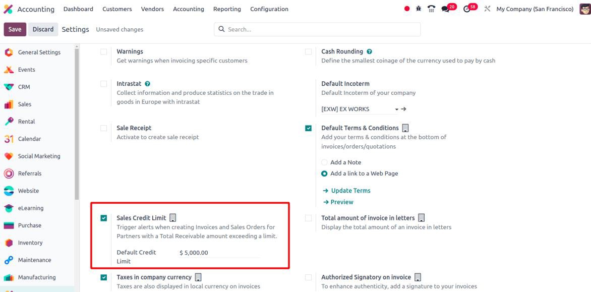 Enable sales credit limit feature in Odoo