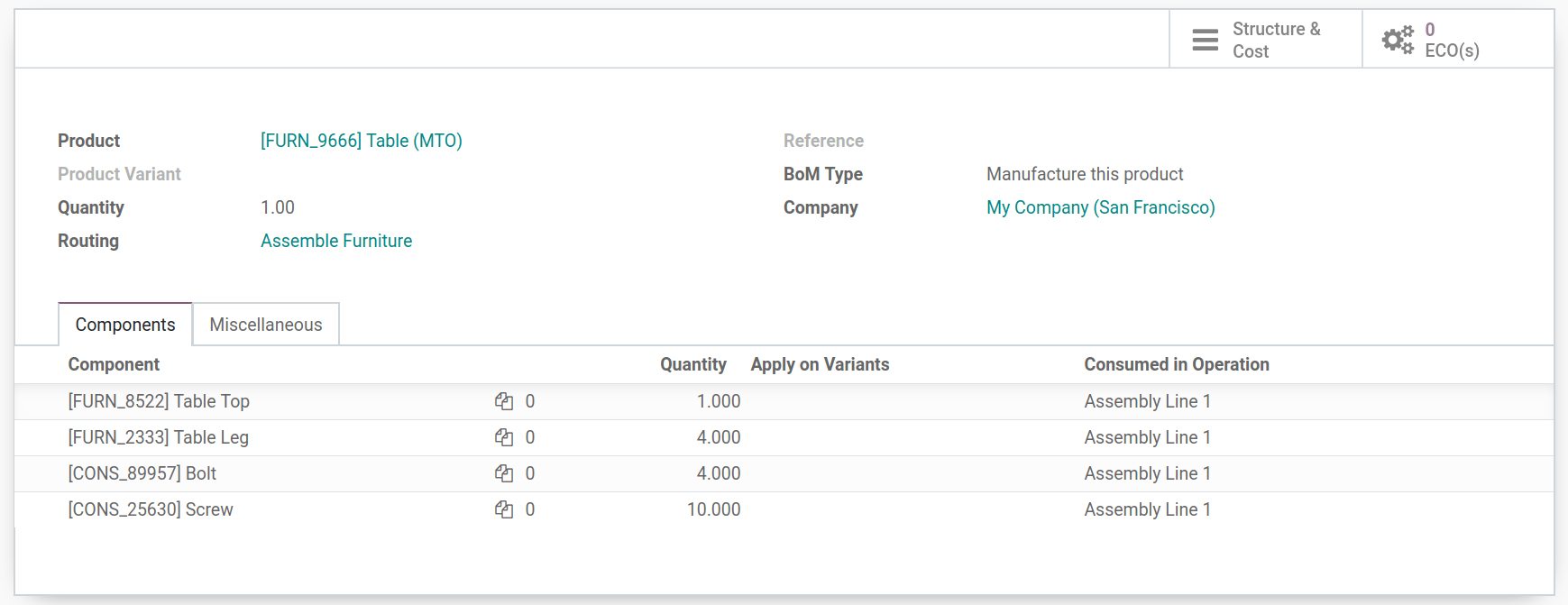 Create bill of materials in Odoo Manufacturing