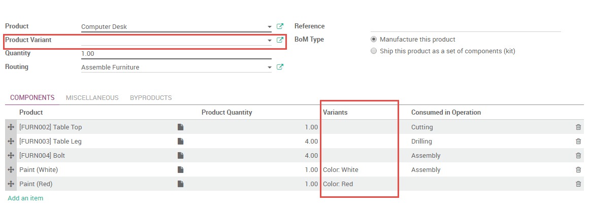 Create bill of material for product variants in Odoo