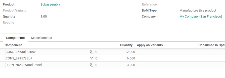 Bill of material for semi-finished product in Odoo