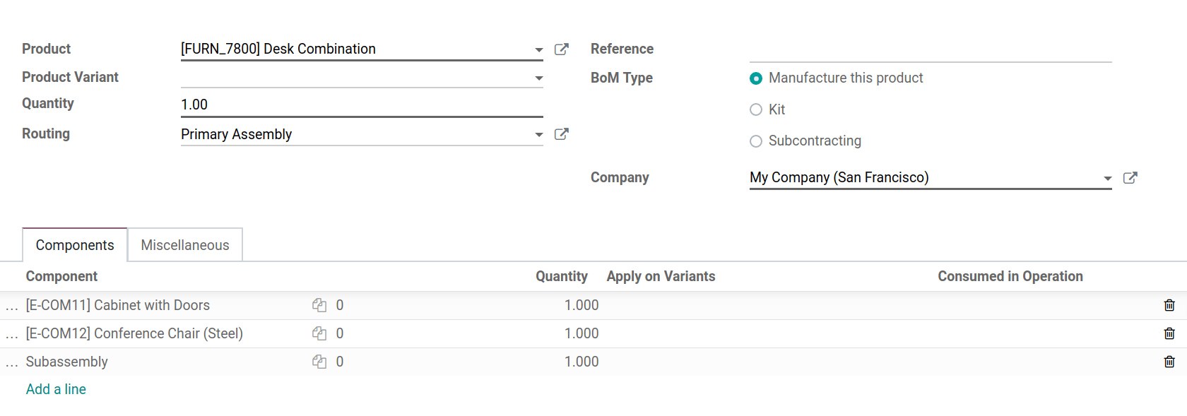 Configure top-level product and its BoM in Odoo