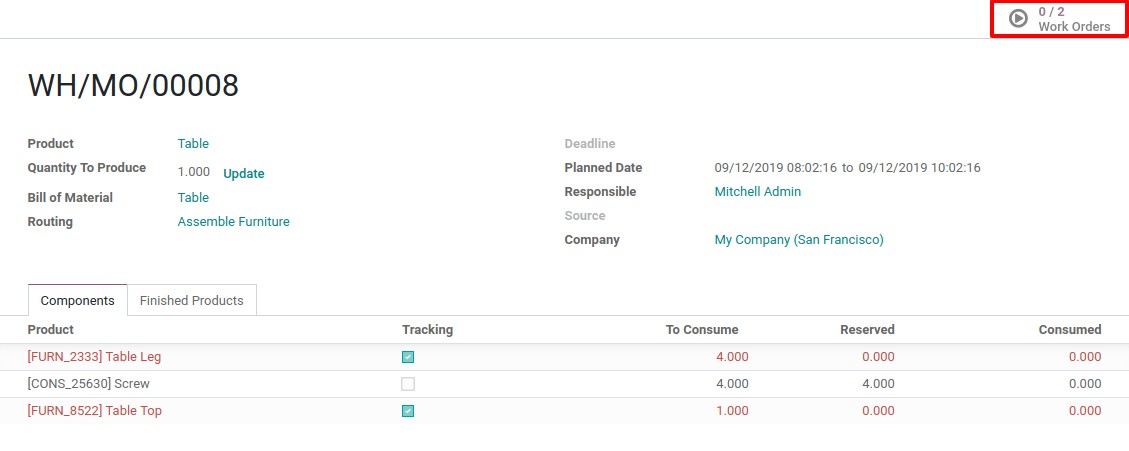 Manufacturing order Odoo