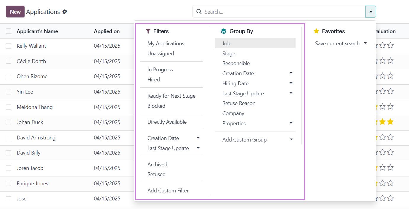 Job applications sort and filter HR software