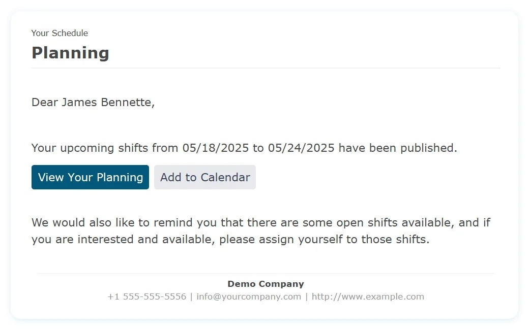 Planned shift email notification