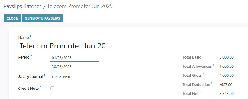 Salary batch form showing employee group details in accounting software interface