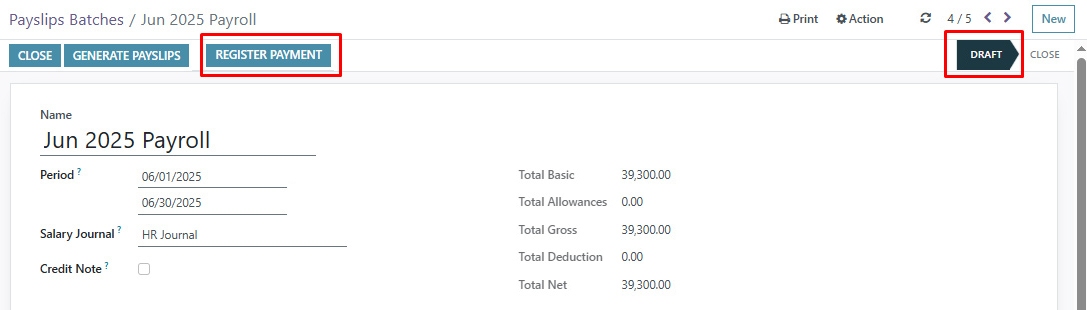 Salary batch form with register payment button in accounting software interface