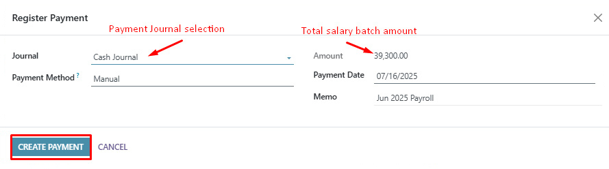 Payment registration popup for journal selection in accounting software
