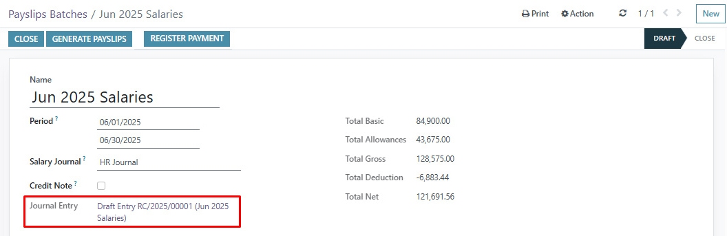 Automatically generated draft journal entry linked to a salary batch in accounting software