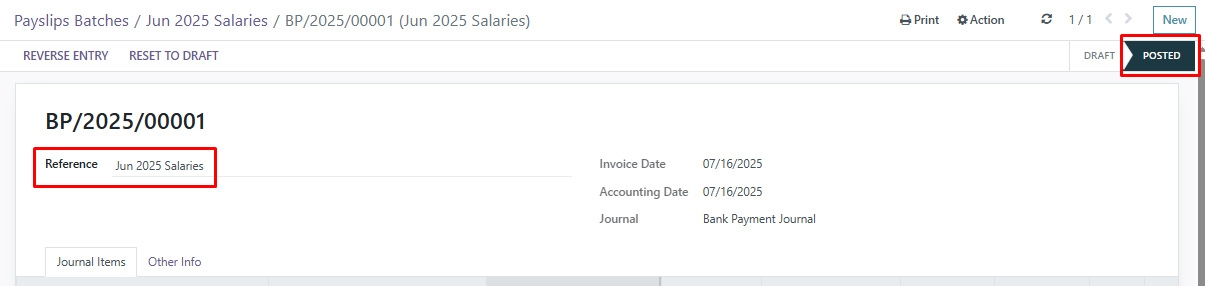 Closed salary batch status displayed after successful payment posting in accounting software