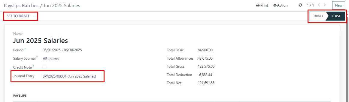 Journal entry details linked to salary batch showing traceability in accounting software