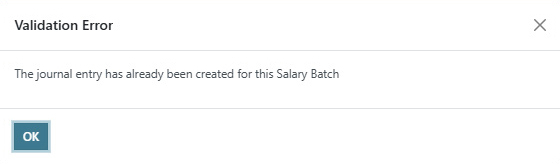 Validation error message preventing duplicate journal entry in salary batch workflow