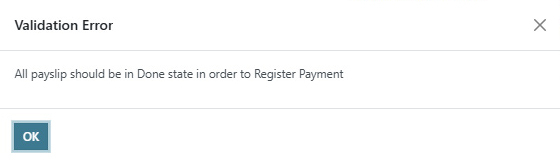 Error message showing blocked payment generation due to draft payslips in accounting