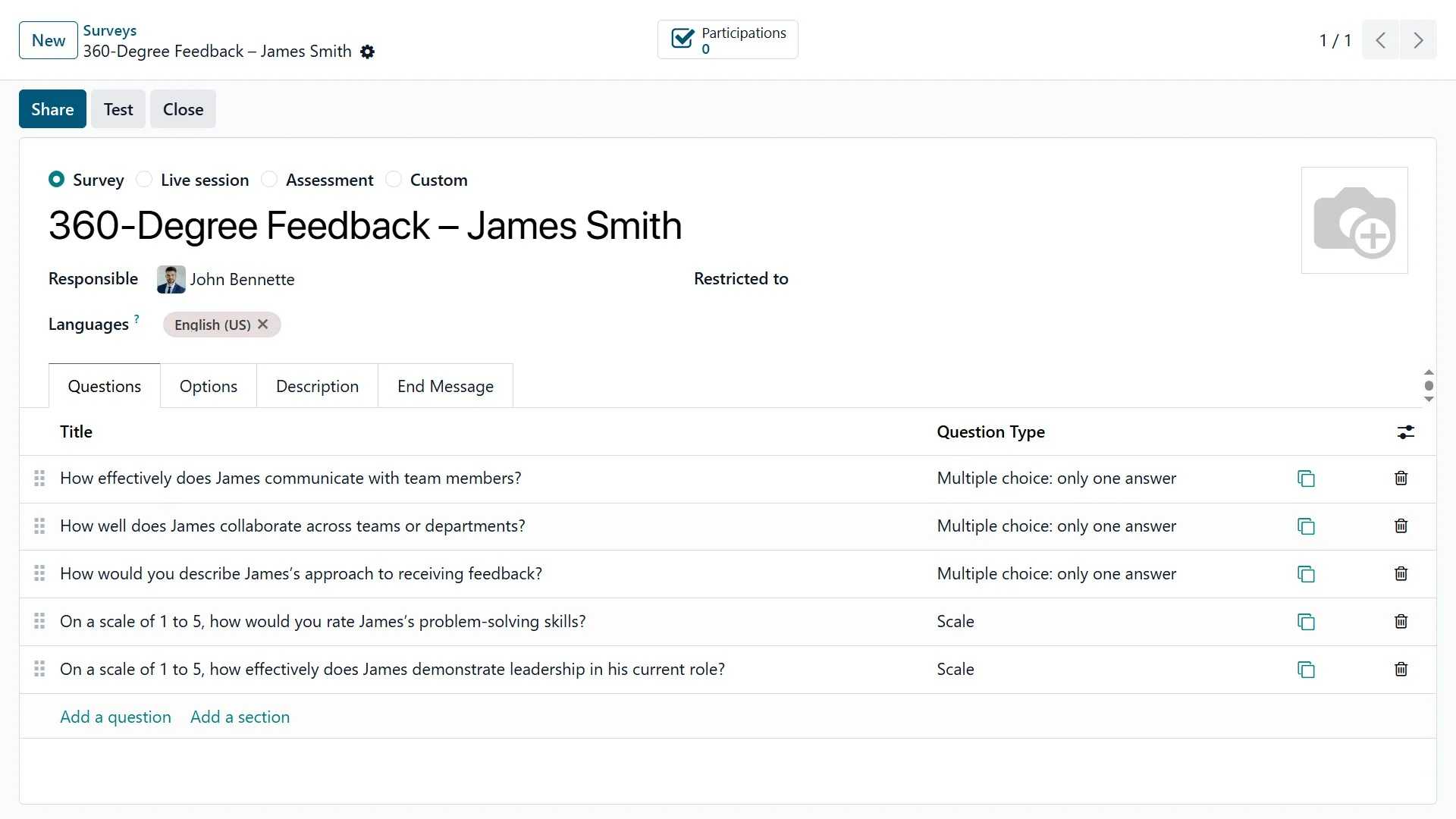 360-degree feedback survey creation in HR Software with multiple question types