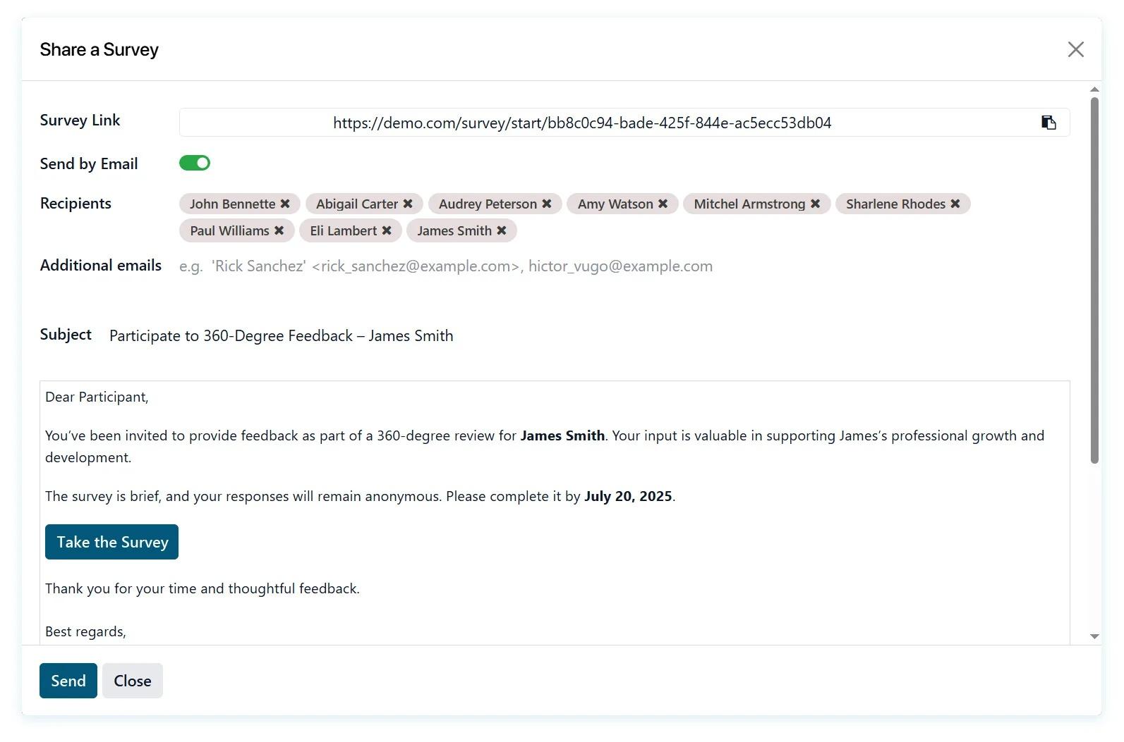360-degree feedback survey invitation interface with recipient list, message customization, and email template options