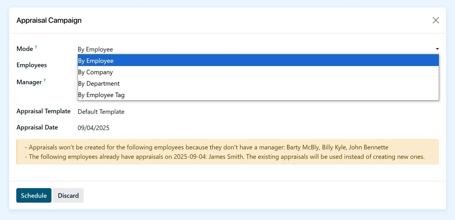 Performance appraisal campaign setup screen with options to start appraisals for employee batches or a department