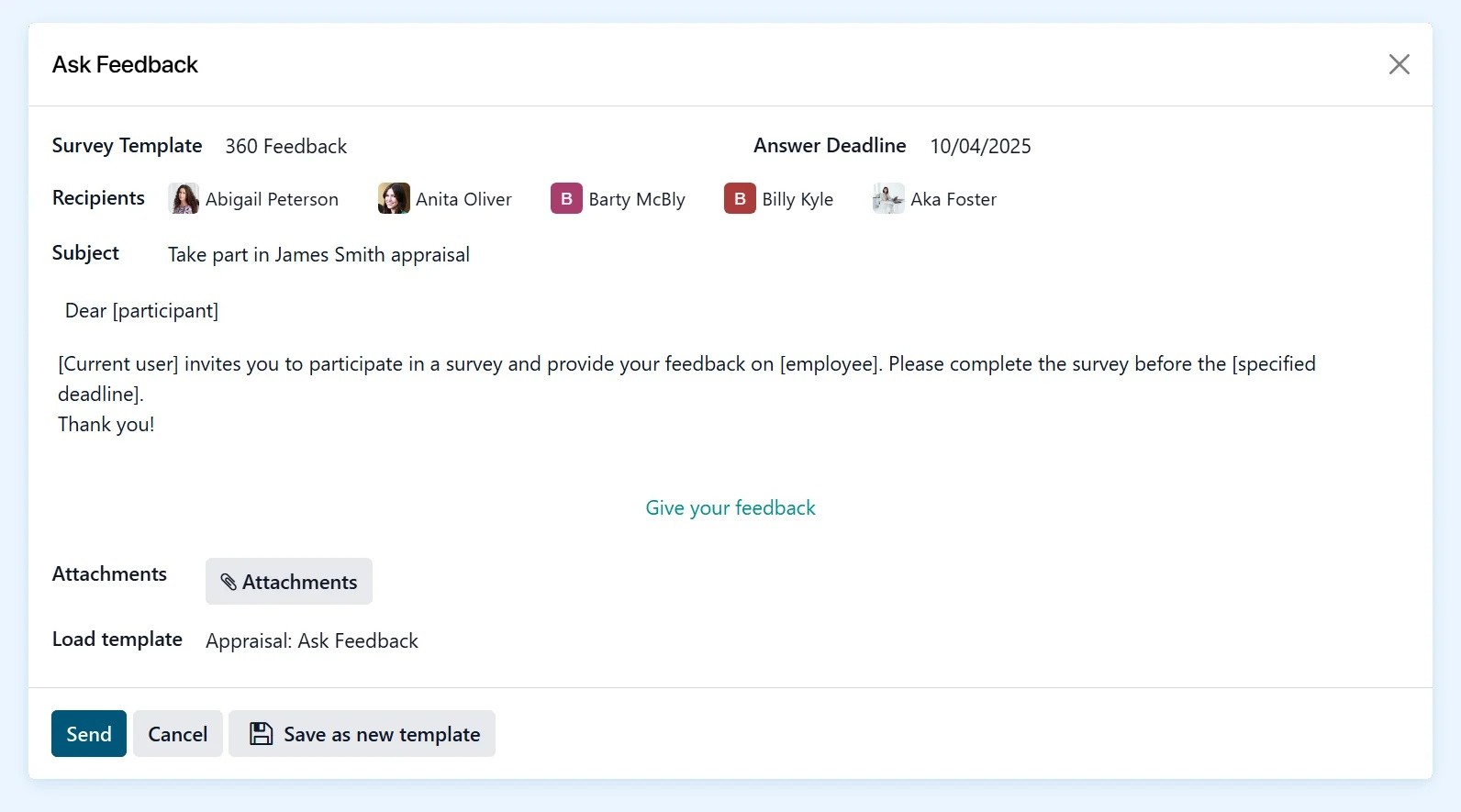 360-degree feedback request interface showing recipients and email template for appraisal invitation