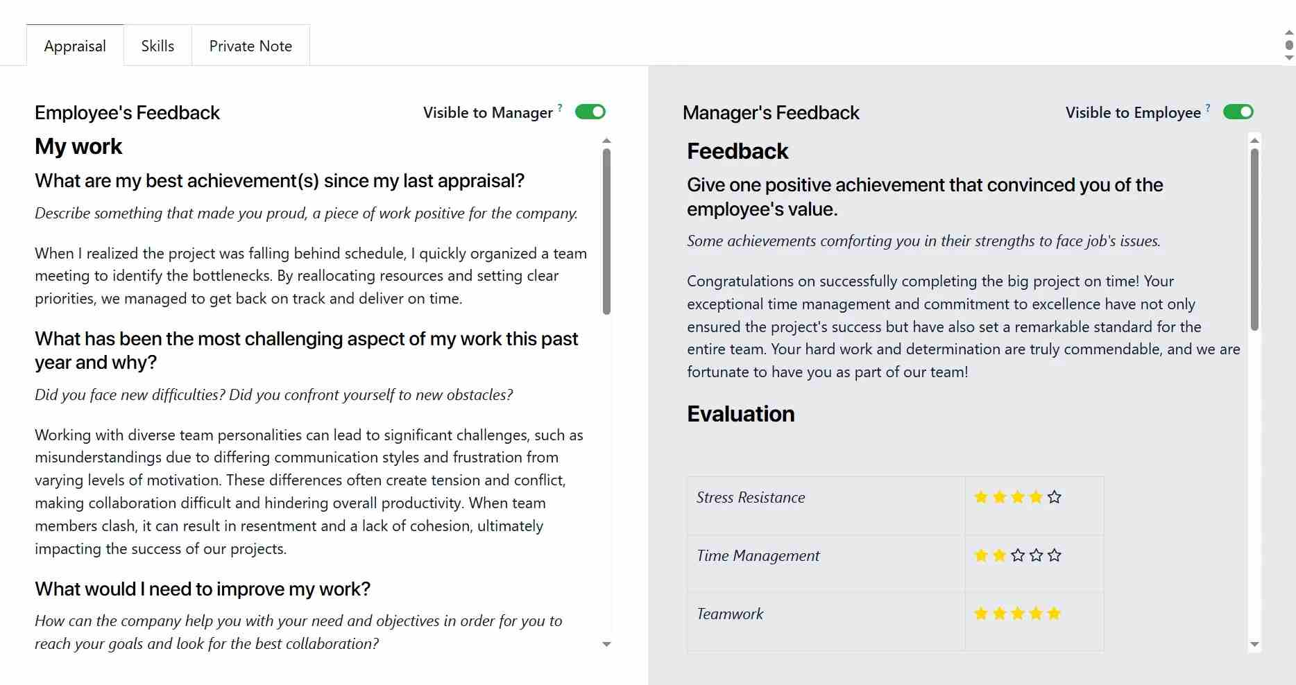Performance appraisal screen with employee comments and manager feedback