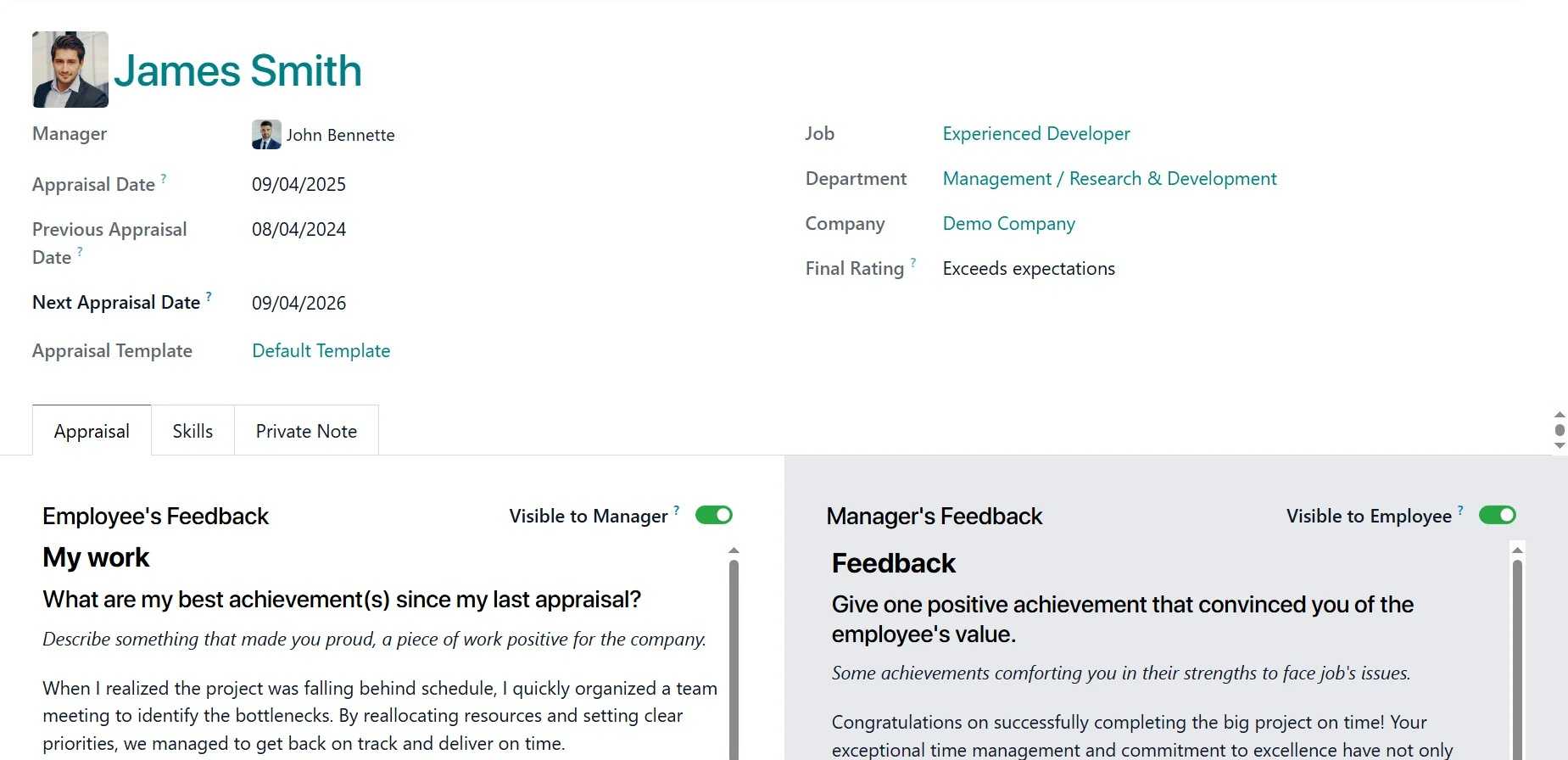 Completed performance appraisal showing employee responses, manager comments, and final evaluation ratings