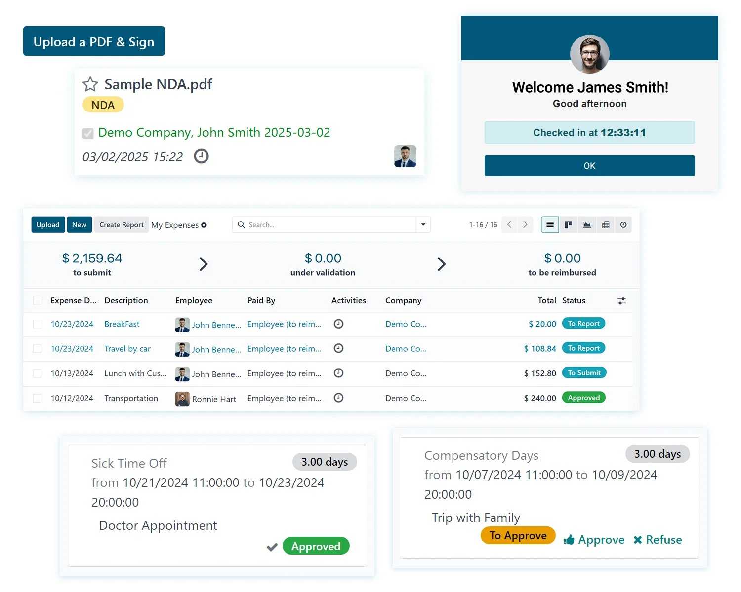 Integrated HR and payroll software with contract management, attendance tracking, expense management, and time-off tools