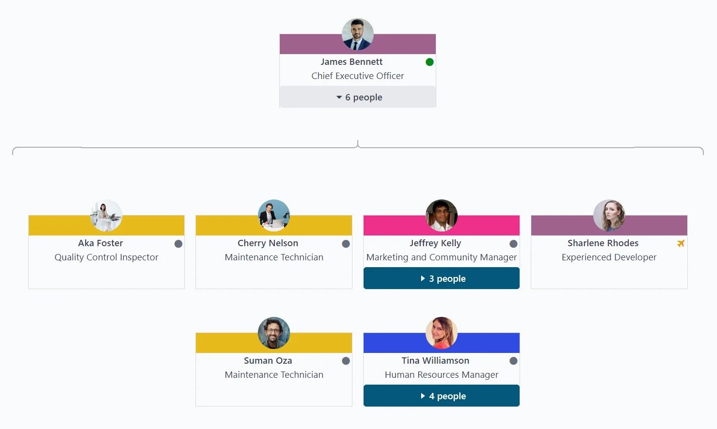 Dynamic organizational chart showing company hierarchy and employee reporting lines in HR software