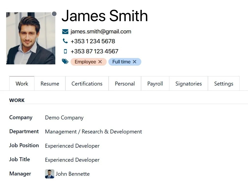 Employee profile in HR software with job title, department, and manager for organizational chart generation
