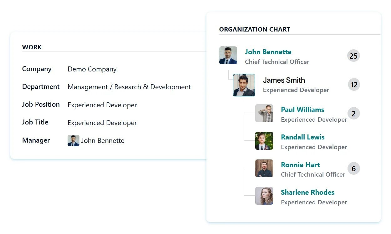 Employee profile in HR software with details like job position, work location, phone, and email
