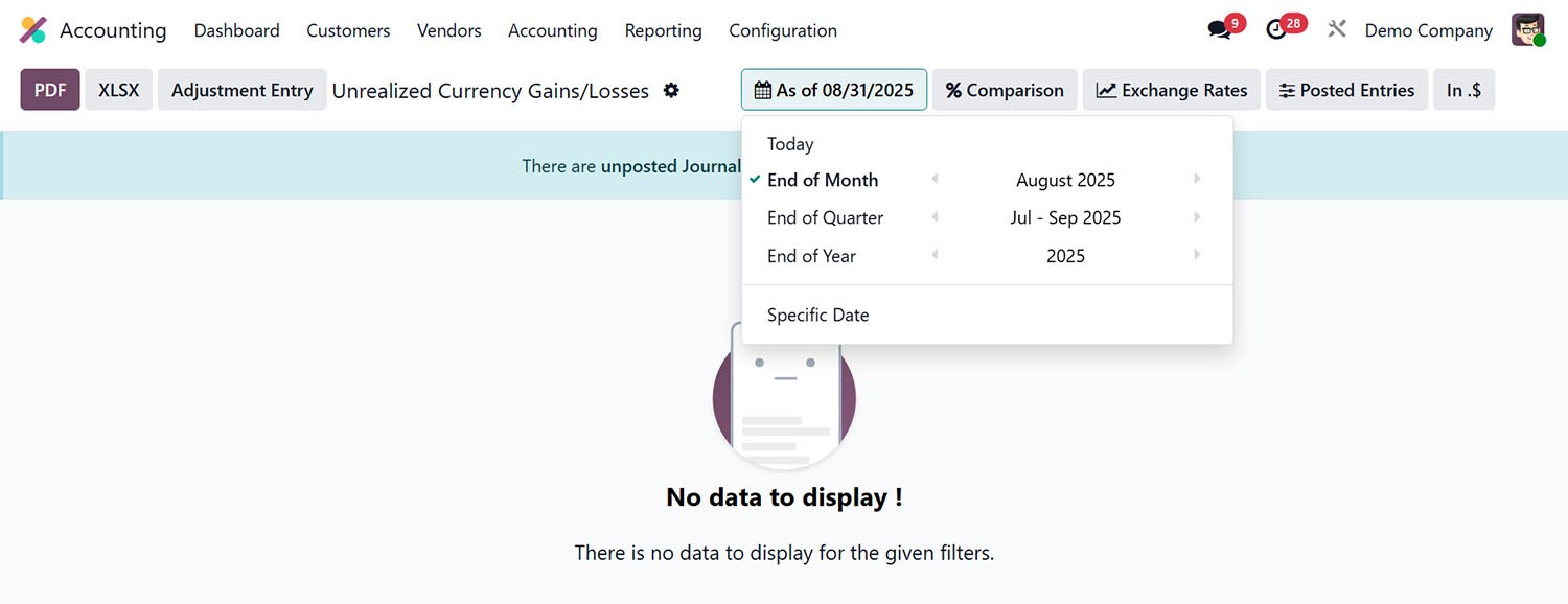 Odoo Accounting view showing date selection option for Unrealized Currency Gains and Losses report generation