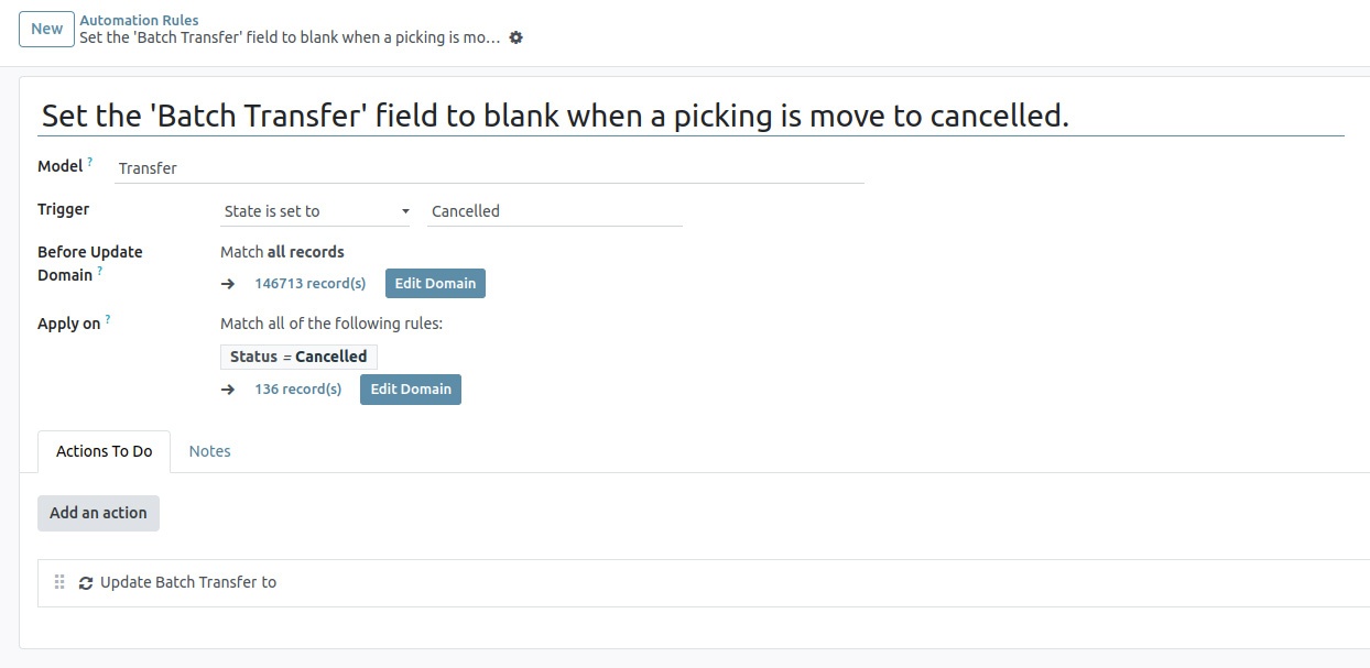 Odoo Automated Action configuration to remove cancelled pickings from Batch Transfers