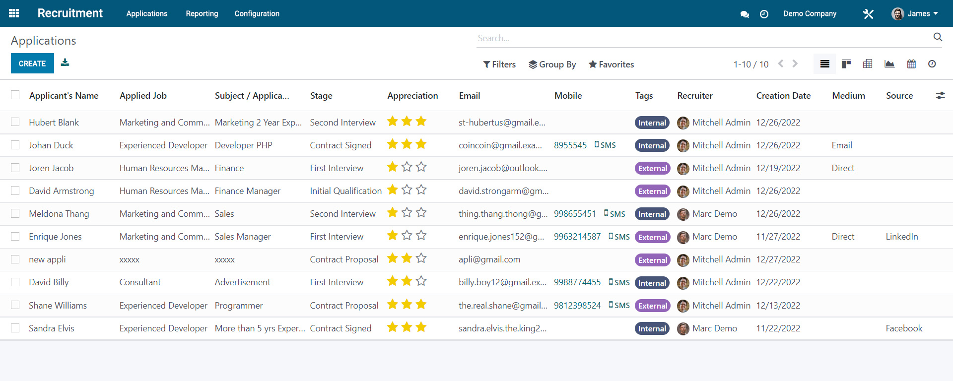 Job applications in list view