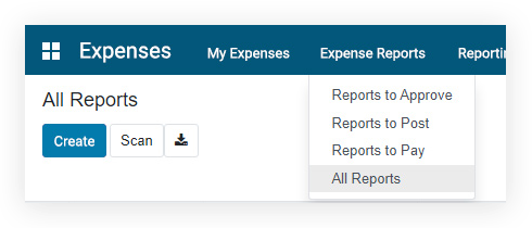 Screenshot of expense reports options