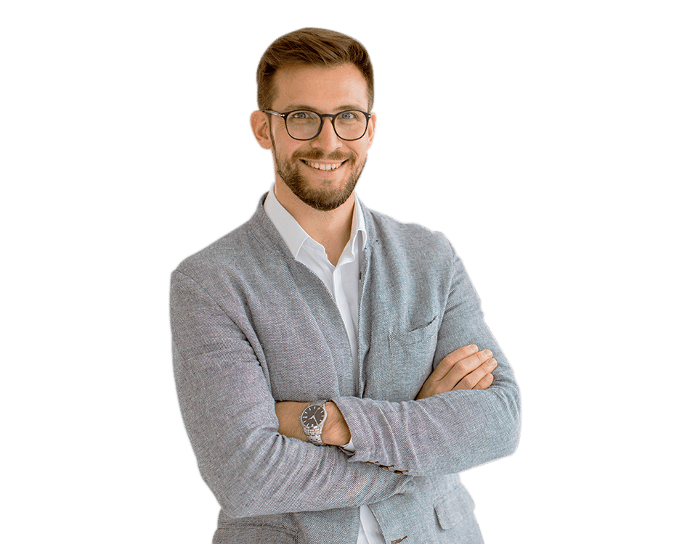 Employee in formal dress with arms crossed