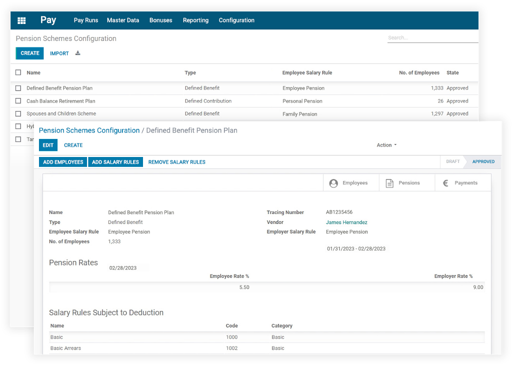 Screenshots of Configure pension schemes in benefits management app