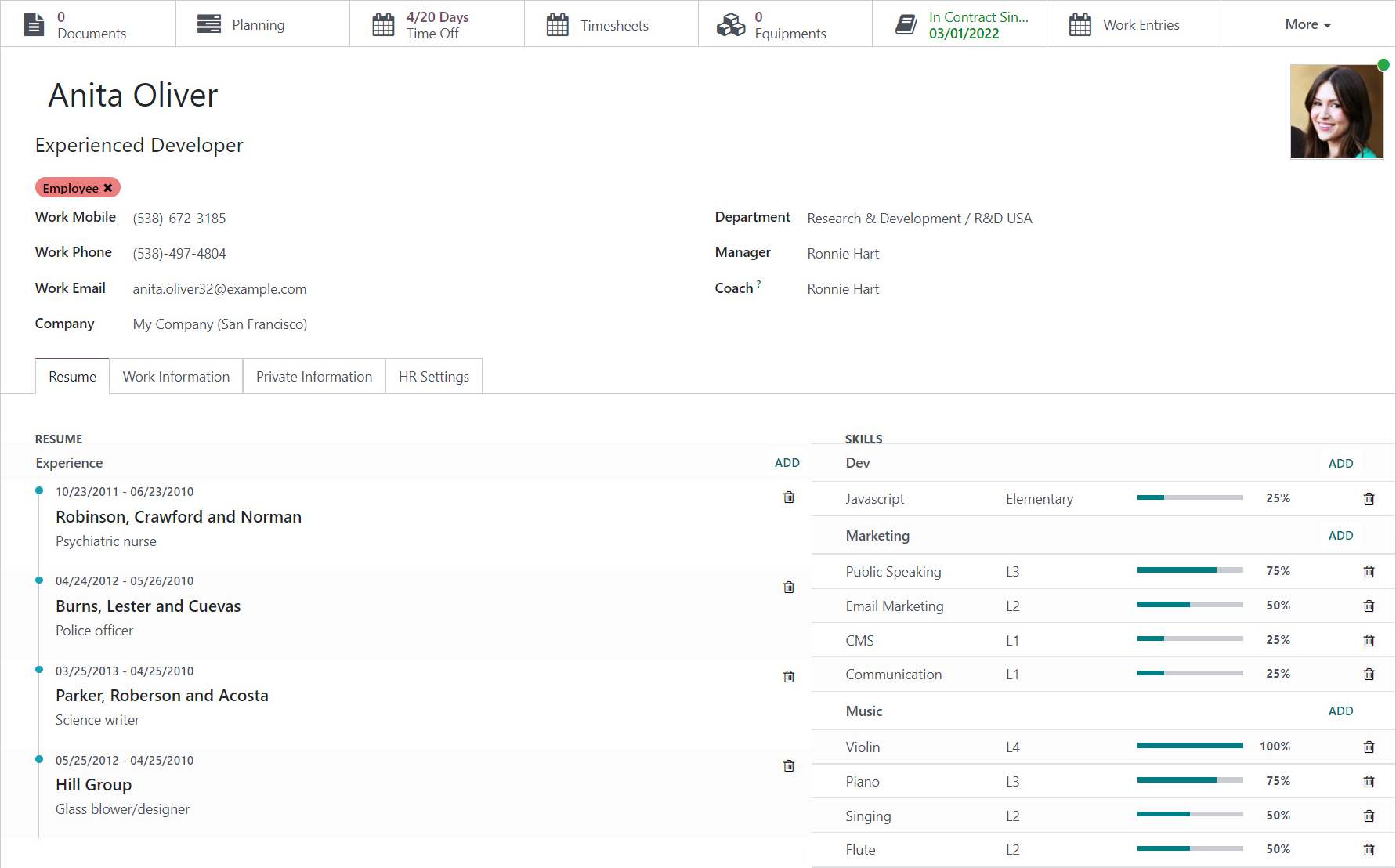 Screenshot of employee profile