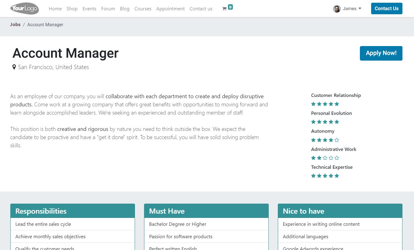 Screenshot of website for job postings